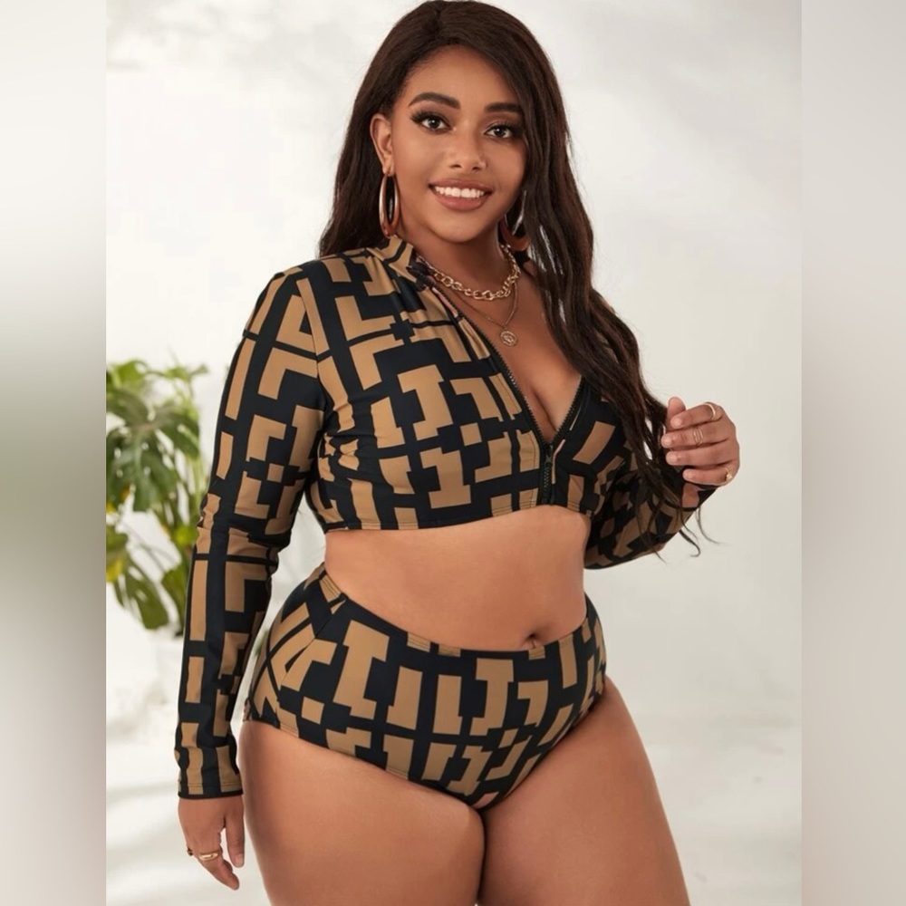 Plus Geometric Print Zipper Bikini Swimsuit